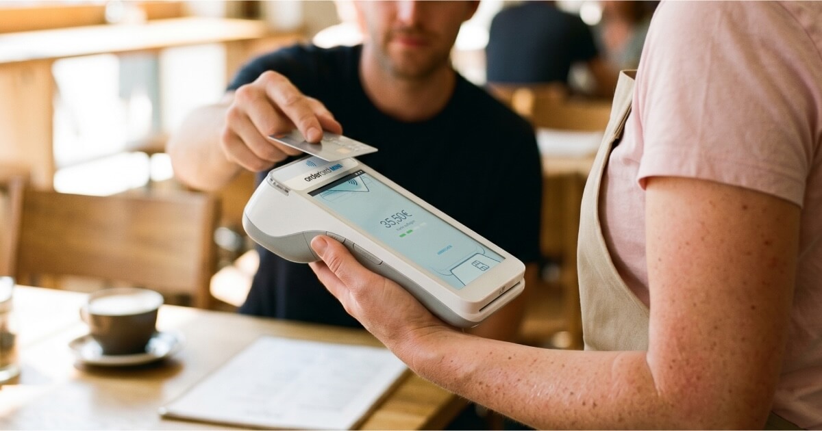 orderbird MINI im mobilen Einsatz am Tisch – All-in-one Kassensystem für die Gastronomie