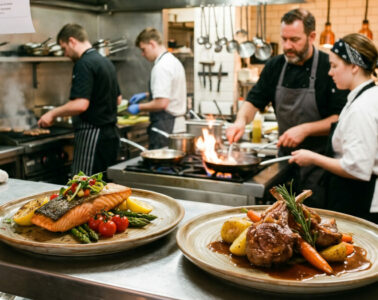 Küchenbrigade an der Pass-Durchreiche eines Restaurants, mehrere Köche bereiten Teller für den Service vor.