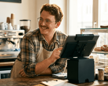 Gastronomin arbeitet mit einer iPad-Kasse mit integrierter TSE am Tresen ihres Cafés.