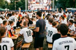 Public Viewing zur WM 2026 im Biergarten – Gäste verfolgen Fußballspiel auf Leinwand