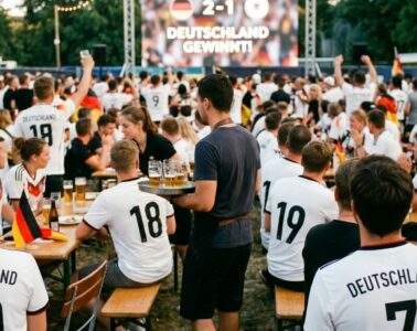 Public Viewing zur WM 2026 im Biergarten – Gäste verfolgen Fußballspiel auf Leinwand