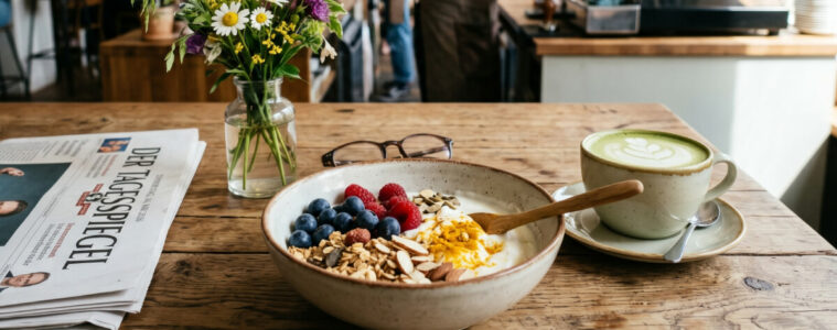 Functional Food Bowl mit Heidelbeeren, Chiasamen und Kurkuma in einem Café-Setting.