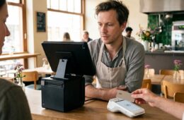 Gast bezahlt per Karte an einem Kartenterminal in einem Café – Kartenzahlung in der Gastronomie