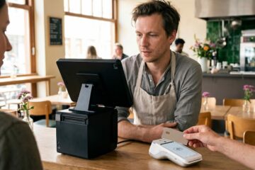 Gast bezahlt per Karte an einem Kartenterminal in einem Café – Kartenzahlung in der Gastronomie
