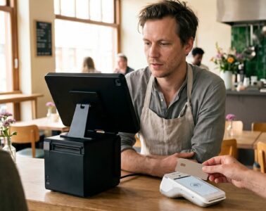 Gast bezahlt per Karte an einem Kartenterminal in einem Café – Kartenzahlung in der Gastronomie