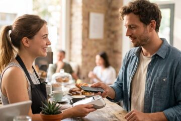 Gast bezahlt kontaktlos per NFC-Zahlung mit dem Smartphone an einem Café-Tresen.