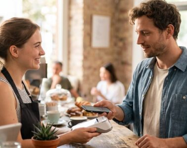 Gast bezahlt kontaktlos per NFC-Zahlung mit dem Smartphone an einem Café-Tresen.