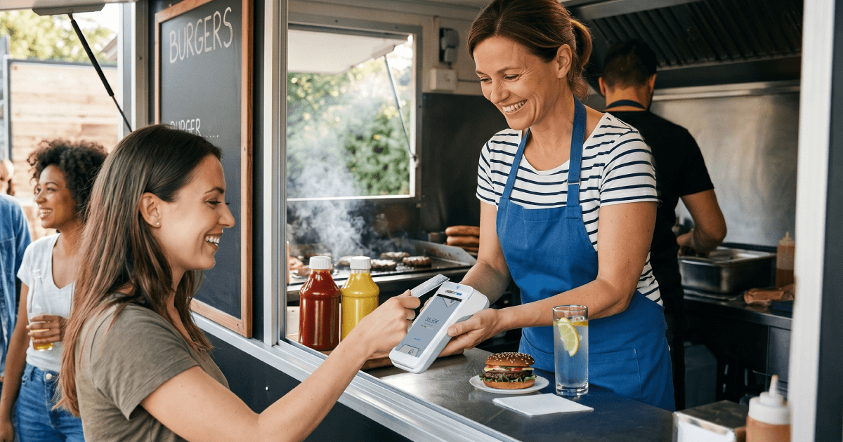 Food-Truck-Betreiberin nimmt Kartenzahlung mit mobilem Kassensystem entgegen