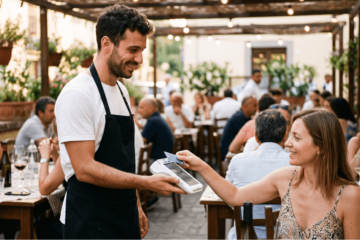 Kellner auf Restaurantterrasse nimmt Kartenzahlung mit mobilem Gerät entgegen