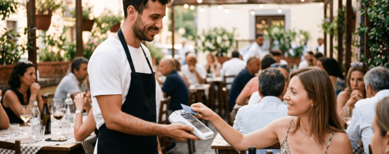 Kellner auf Restaurantterrasse nimmt Kartenzahlung mit mobilem Gerät entgegen